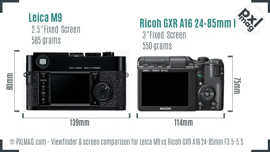 Leica M9 vs Ricoh GXR A16 24-85mm F3.5-5.5 Screen and Viewfinder comparison Leica M9 vs Ricoh GXR A16 24-85mm F3.5-5.5 Screen and Viewfinder comparison