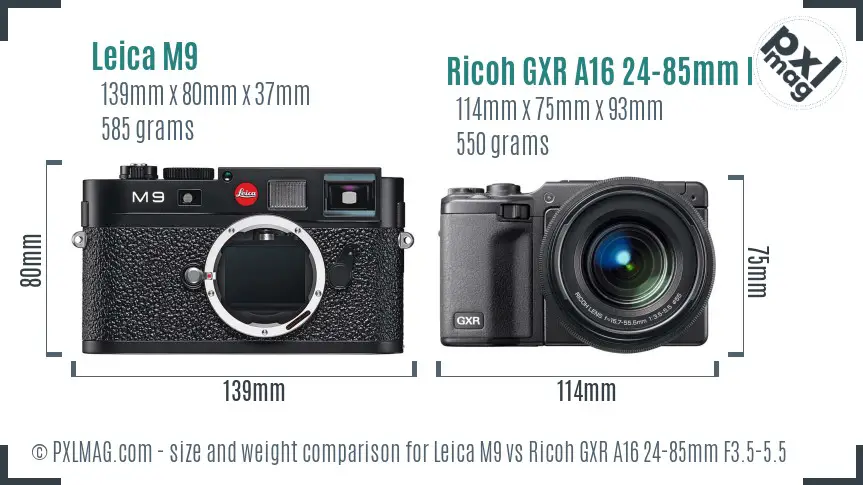 Leica M9 vs Ricoh GXR A16 24-85mm F3.5-5.5 size comparison Leica M9 vs Ricoh GXR A16 24-85mm F3.5-5.5 size comparison