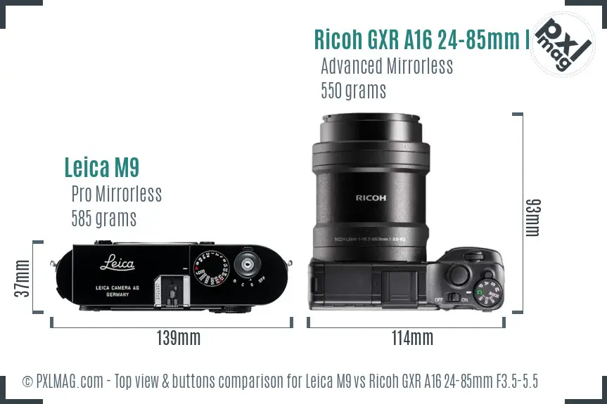 Leica M9 vs Ricoh GXR A16 24-85mm F3.5-5.5 top view buttons comparison Leica M9 vs Ricoh GXR A16 24-85mm F3.5-5.5 top view buttons comparison