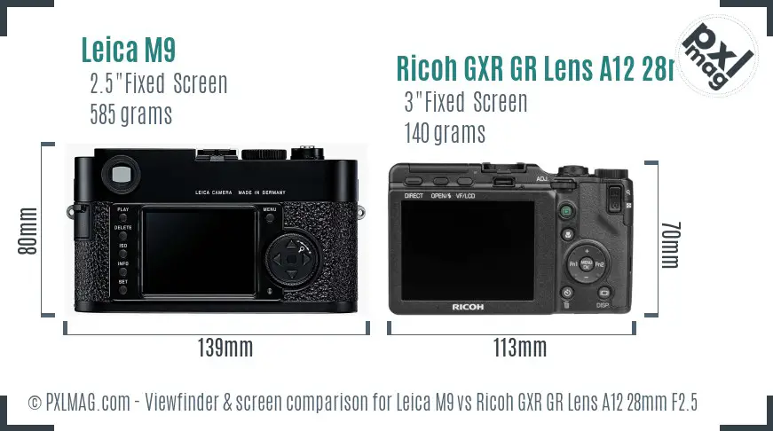 Leica M9 vs Ricoh GXR GR Lens A12 28mm F2.5 Screen and Viewfinder comparison