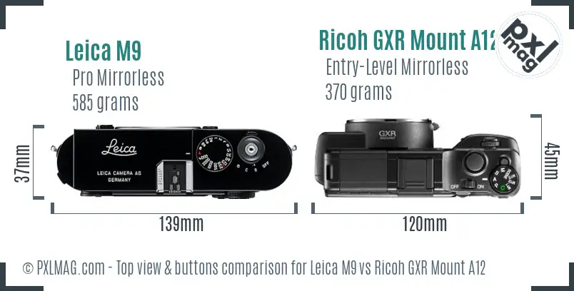 Leica M9 vs Ricoh GXR Mount A12 top view buttons comparison