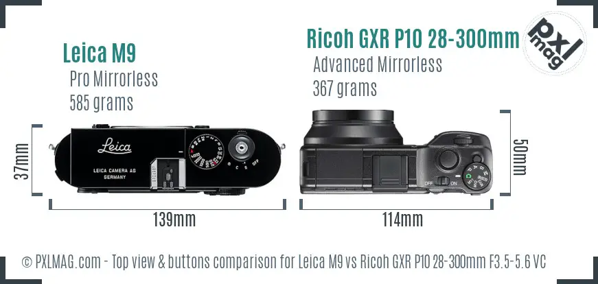 Leica M9 vs Ricoh GXR P10 28-300mm F3.5-5.6 VC top view buttons comparison Leica M9 vs Ricoh GXR P10 28-300mm F3.5-5.6 VC top view buttons comparison