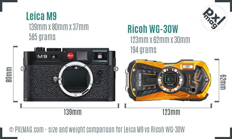 Leica M9 vs Ricoh WG-30W size comparison