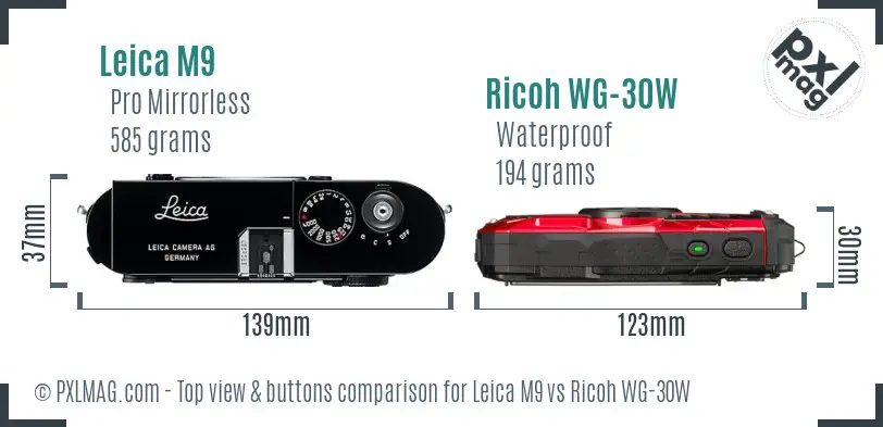Leica M9 vs Ricoh WG-30W top view buttons comparison