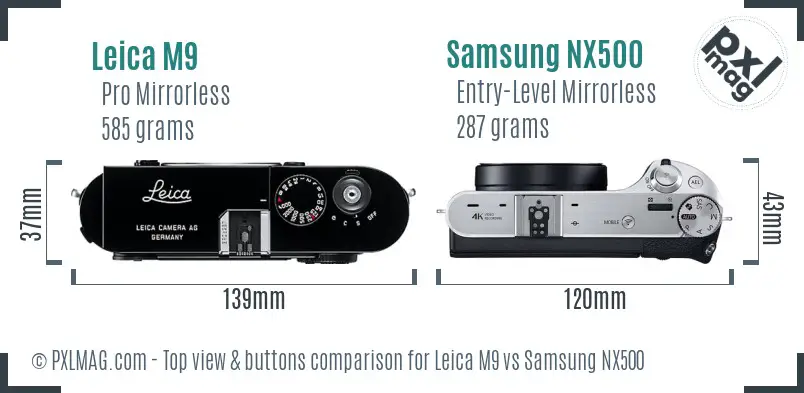 Leica M9 vs Samsung NX500 top view buttons comparison