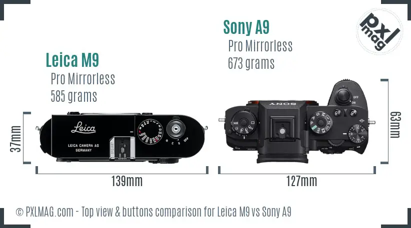 Leica M9 vs Sony A9 top view buttons comparison