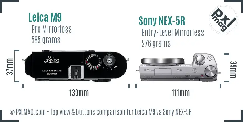 Leica M9 vs Sony NEX-5R top view buttons comparison