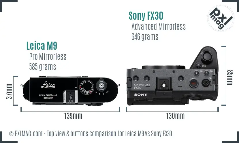 Leica M9 vs Sony FX30 top view buttons comparison Leica M9 vs Sony FX30 top view buttons comparison