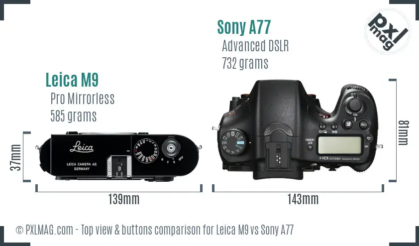 Leica M9 vs Sony A77 top view buttons comparison