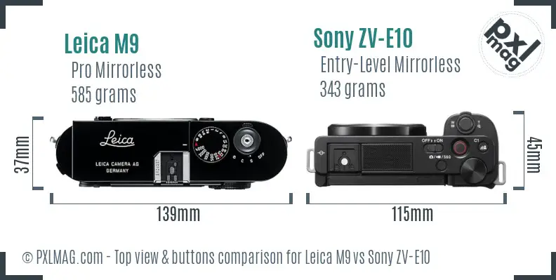 Leica M9 vs Sony ZV-E10 top view buttons comparison