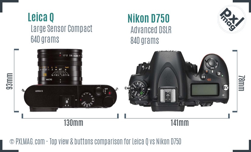 Leica Q vs Nikon D750 top view buttons comparison