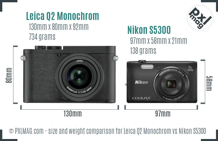 Leica Q2 Monochrom vs Nikon S5300 size comparison