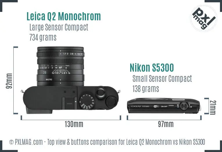 Leica Q2 Monochrom vs Nikon S5300 top view buttons comparison