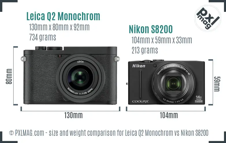 Leica Q2 Monochrom vs Nikon S8200 size comparison