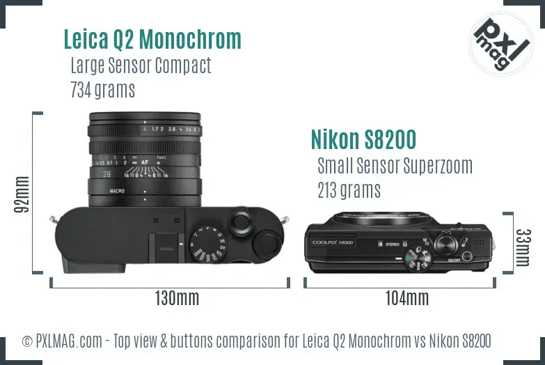 Leica Q2 Monochrom vs Nikon S8200 top view buttons comparison