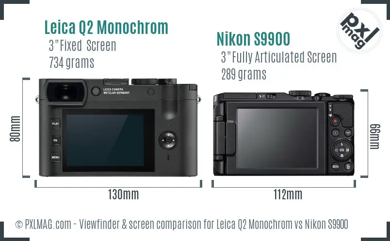 Leica Q2 Monochrom vs Nikon S9900 Screen and Viewfinder comparison
