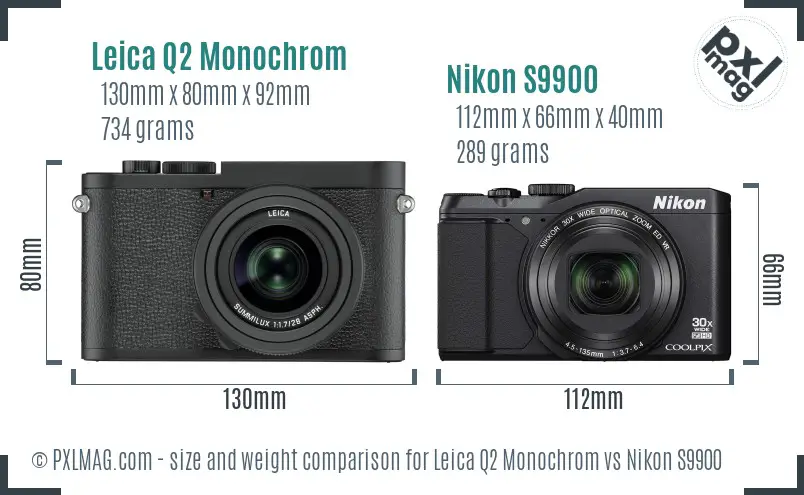 Leica Q2 Monochrom vs Nikon S9900 size comparison