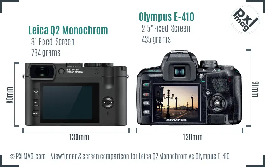 Leica Q2 Monochrom vs Olympus E-410 Screen and Viewfinder comparison
