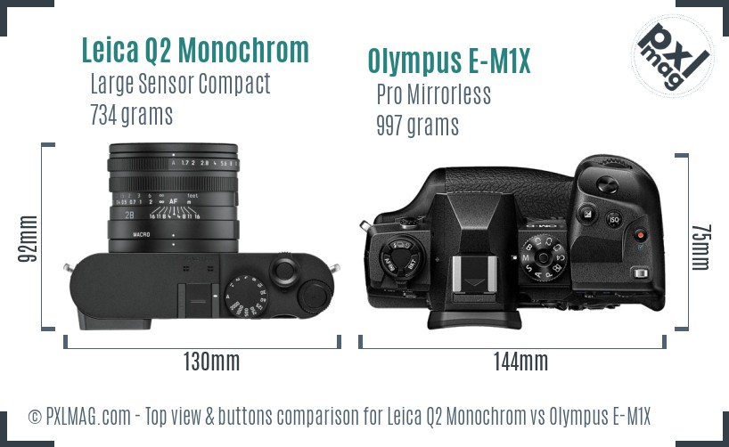 Leica Q2 Monochrom vs Olympus E-M1X top view buttons comparison