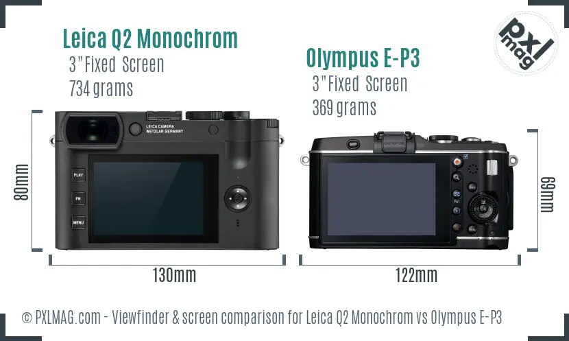 Leica Q2 Monochrom vs Olympus E-P3 Screen and Viewfinder comparison