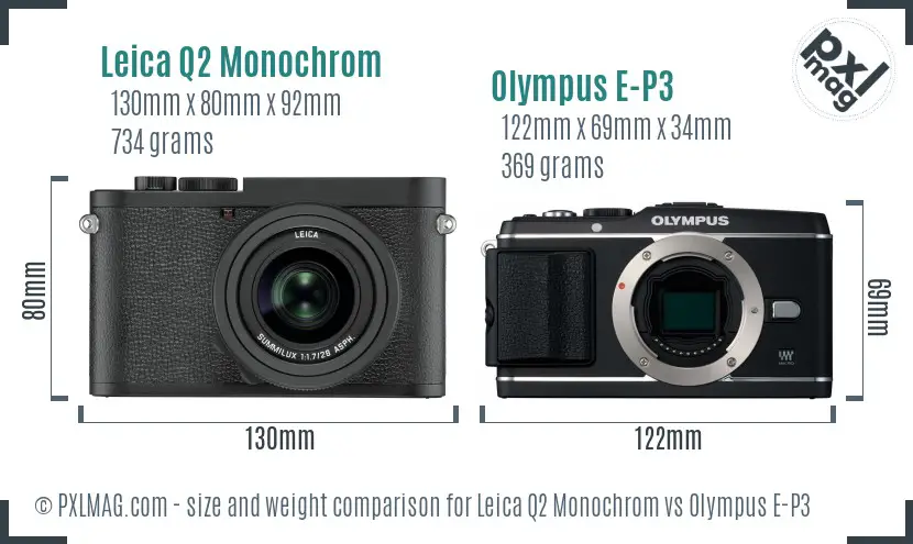 Leica Q2 Monochrom vs Olympus E-P3 size comparison