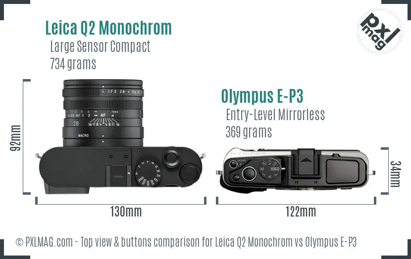 Leica Q2 Monochrom vs Olympus E-P3 top view buttons comparison