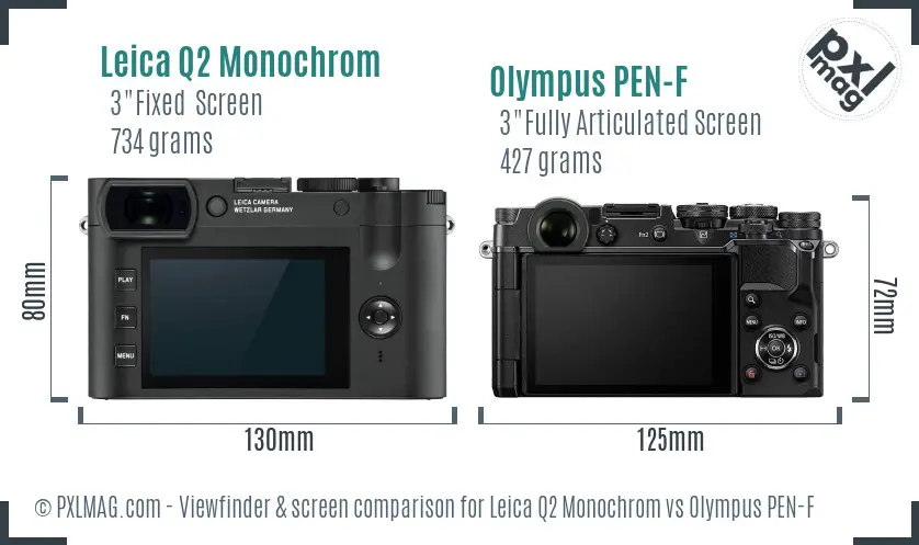 Leica Q2 Monochrom vs Olympus PEN-F Screen and Viewfinder comparison
