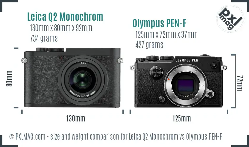 Leica Q2 Monochrom vs Olympus PEN-F size comparison