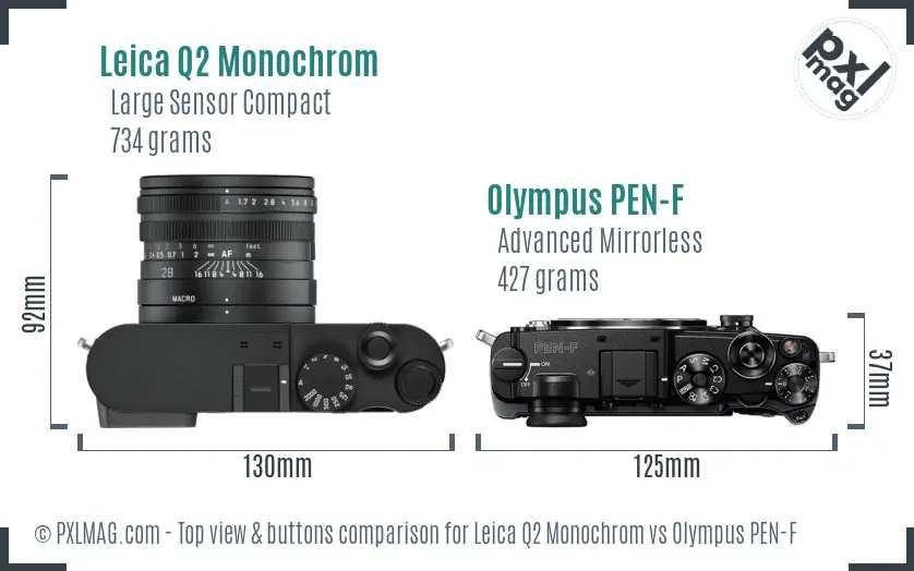 Leica Q2 Monochrom vs Olympus PEN-F top view buttons comparison