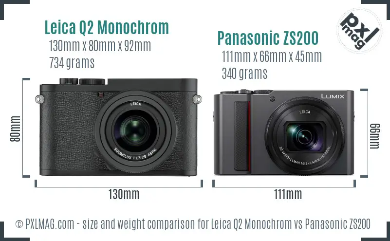 Leica Q2 Monochrom vs Panasonic ZS200 size comparison