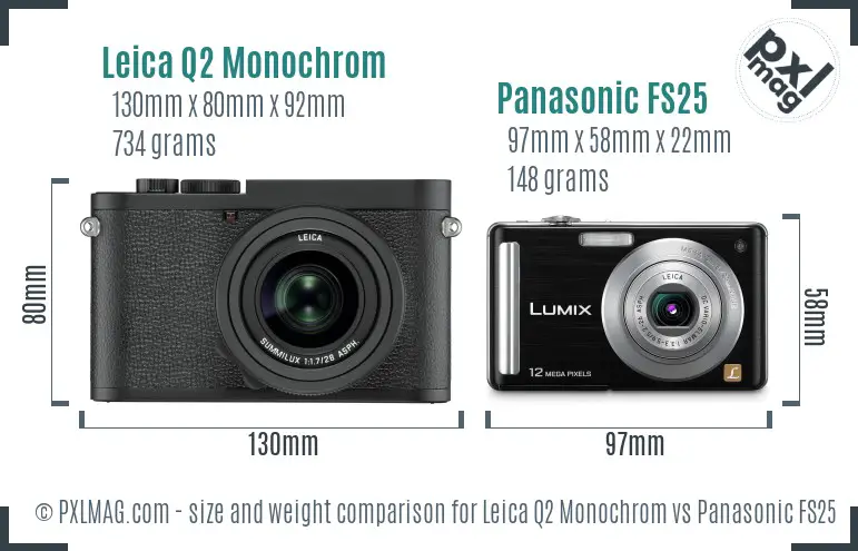 Leica Q2 Monochrom vs Panasonic FS25 size comparison