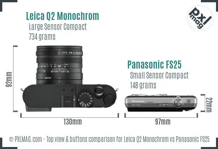 Leica Q2 Monochrom vs Panasonic FS25 top view buttons comparison