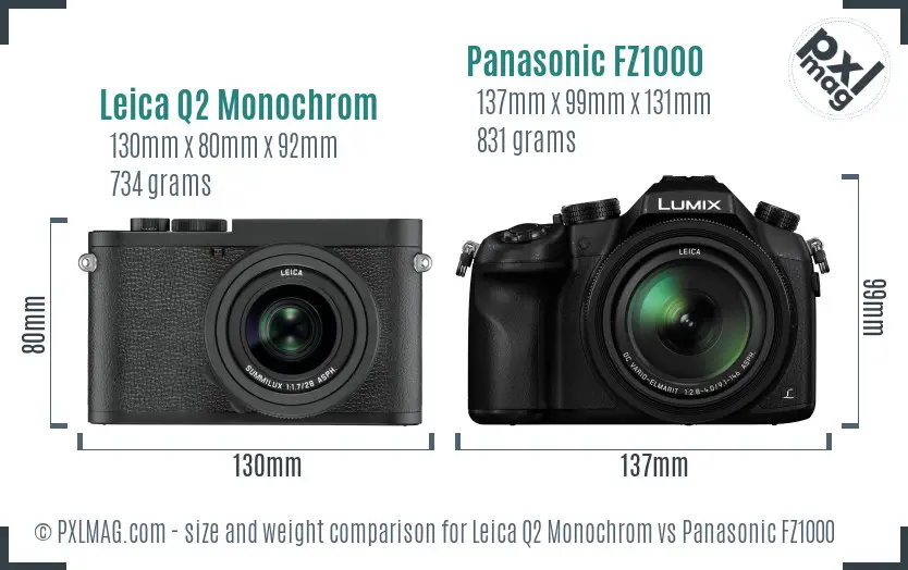 Leica Q2 Monochrom vs Panasonic FZ1000 size comparison