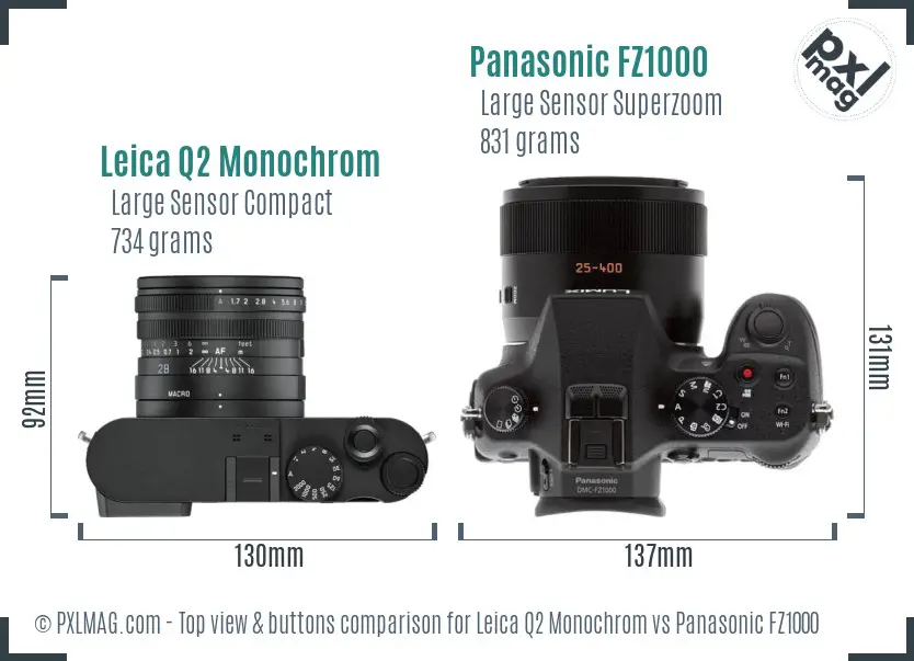 Leica Q2 Monochrom vs Panasonic FZ1000 top view buttons comparison
