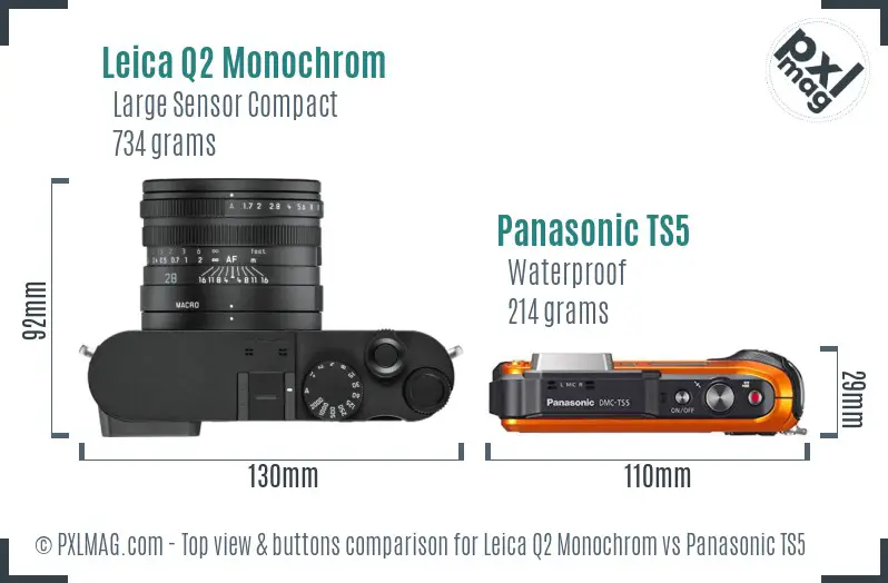 Leica Q2 Monochrom vs Panasonic TS5 top view buttons comparison