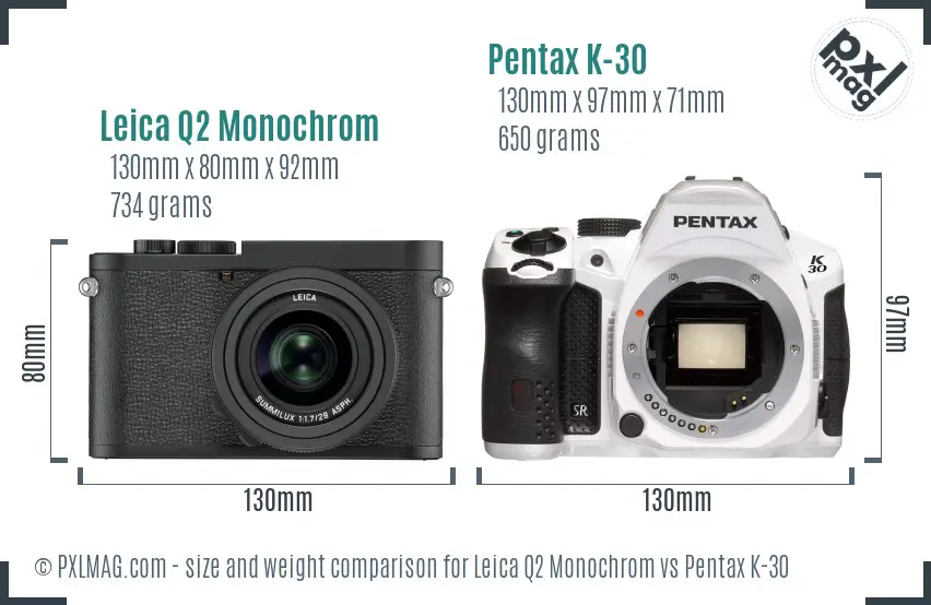 Leica Q2 Monochrom vs Pentax K-30 size comparison