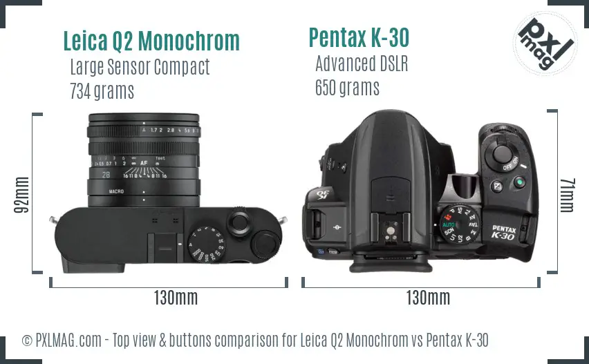 Leica Q2 Monochrom vs Pentax K-30 top view buttons comparison
