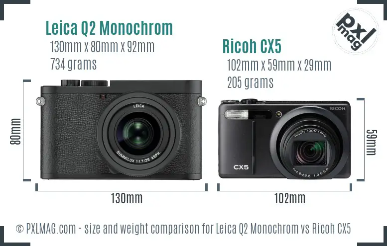 Leica Q2 Monochrom vs Ricoh CX5 size comparison