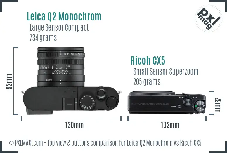 Leica Q2 Monochrom vs Ricoh CX5 top view buttons comparison