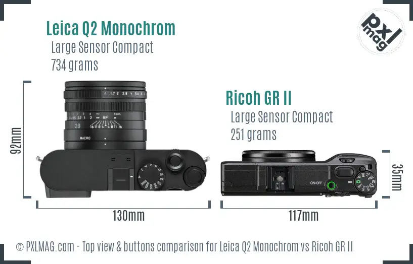 Leica Q2 Monochrom vs Ricoh GR II top view buttons comparison
