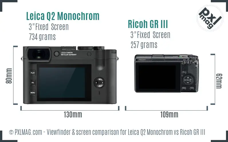 Leica Q2 Monochrom vs Ricoh GR III Screen and Viewfinder comparison
