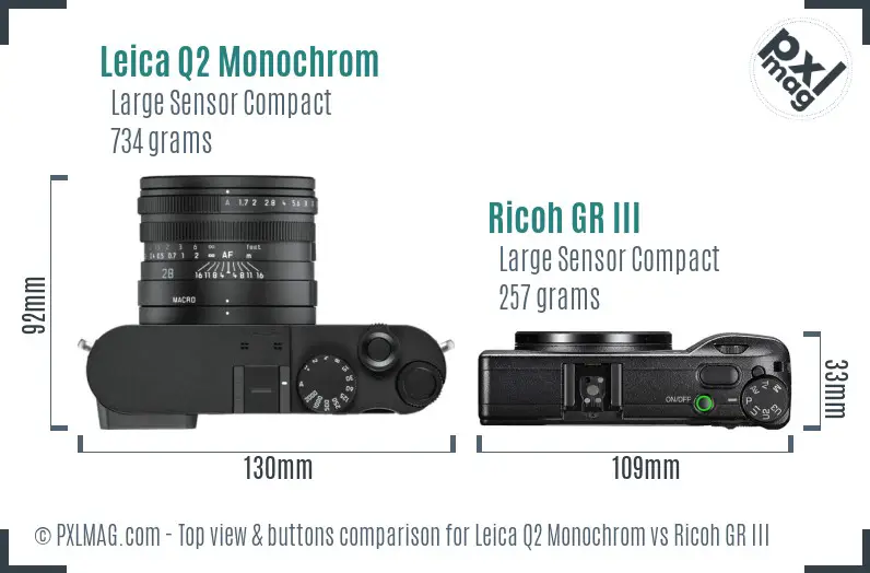 Leica Q2 Monochrom vs Ricoh GR III top view buttons comparison