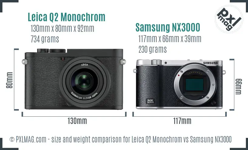 Leica Q2 Monochrom vs Samsung NX3000 size comparison
