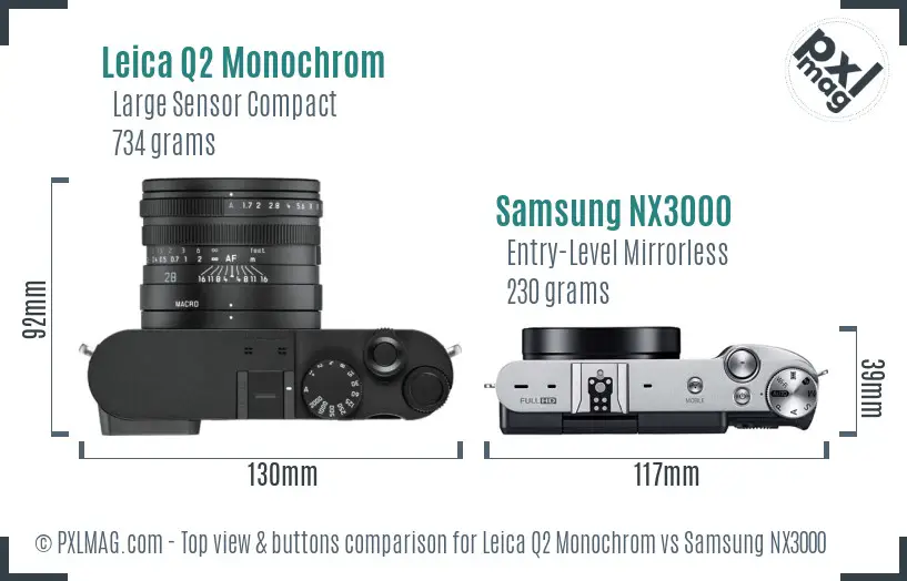 Leica Q2 Monochrom vs Samsung NX3000 top view buttons comparison