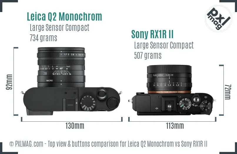 Leica Q2 Monochrom vs Sony RX1R II top view buttons comparison