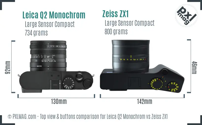 Leica Q2 Monochrom vs Zeiss ZX1 top view buttons comparison