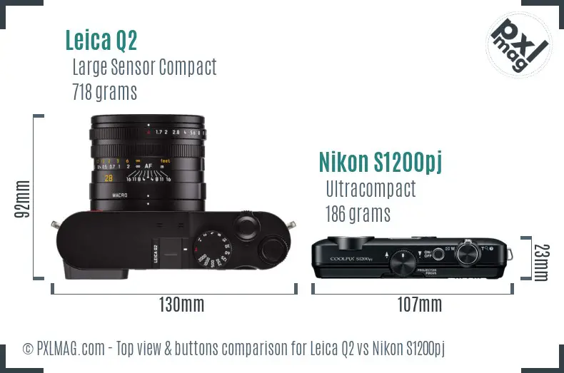 Leica Q2 vs Nikon S1200pj top view buttons comparison