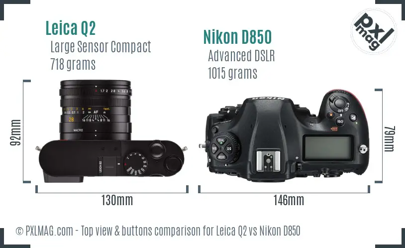 Leica Q2 vs Nikon D850 top view buttons comparison