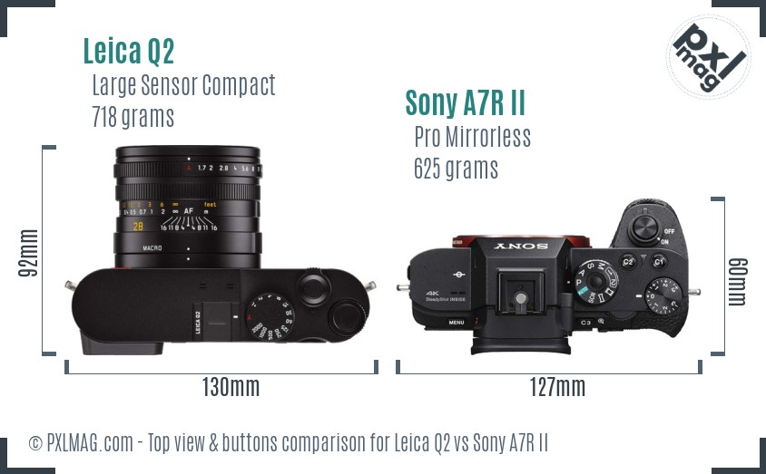 Leica Q2 vs Sony A7R II top view buttons comparison
