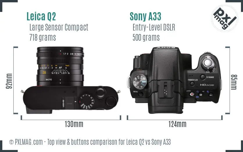 Leica Q2 vs Sony A33 top view buttons comparison